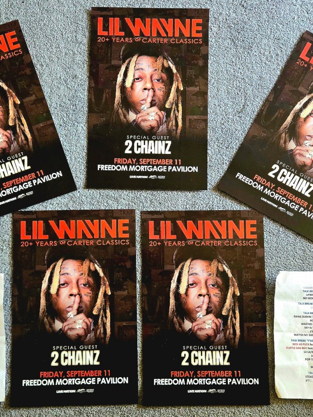 Lil Wayne / 2 Chainz Concert Tour Mini Poster Lot + Setlist